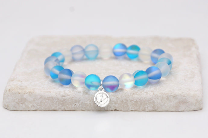 blue and white moonstone bracelet on elastic
