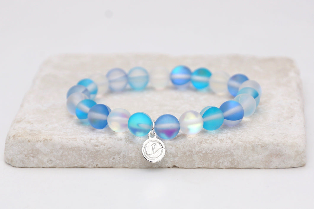 blue and white moonstone bracelet on elastic