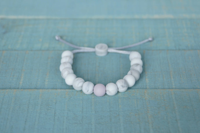 white marble with lilac accent bead adjustable silicone bracelet