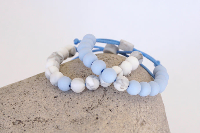 Set of 2 marble and light blue  adjustable silicone bead bracelets