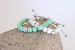 set of 2 white marble and mint beads adjustable silicone bracelets